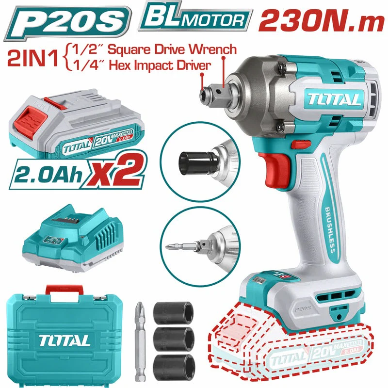 Atornillador y Pistola de Impacto 20v + 2 Baterías + Cargador + Copas + Punta Destornillador Total