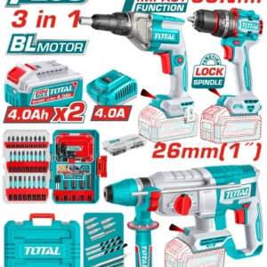 Combo Inalámbrico 20V Taladro Percutor 1/2 + Atornillador Drywall 1/4" + Rotomartillo 1" SDS Plus 2,5 Jules  + 2 Baterías + Cargador + Accesorios