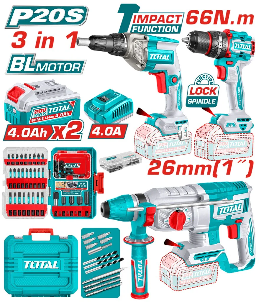 Combo Inalámbrico 20V Taladro Percutor 1/2 + Atornillador Drywall 1/4" + Rotomartillo 1" SDS Plus 2,5 Jules  + 2 Baterías + Cargador + Accesorios