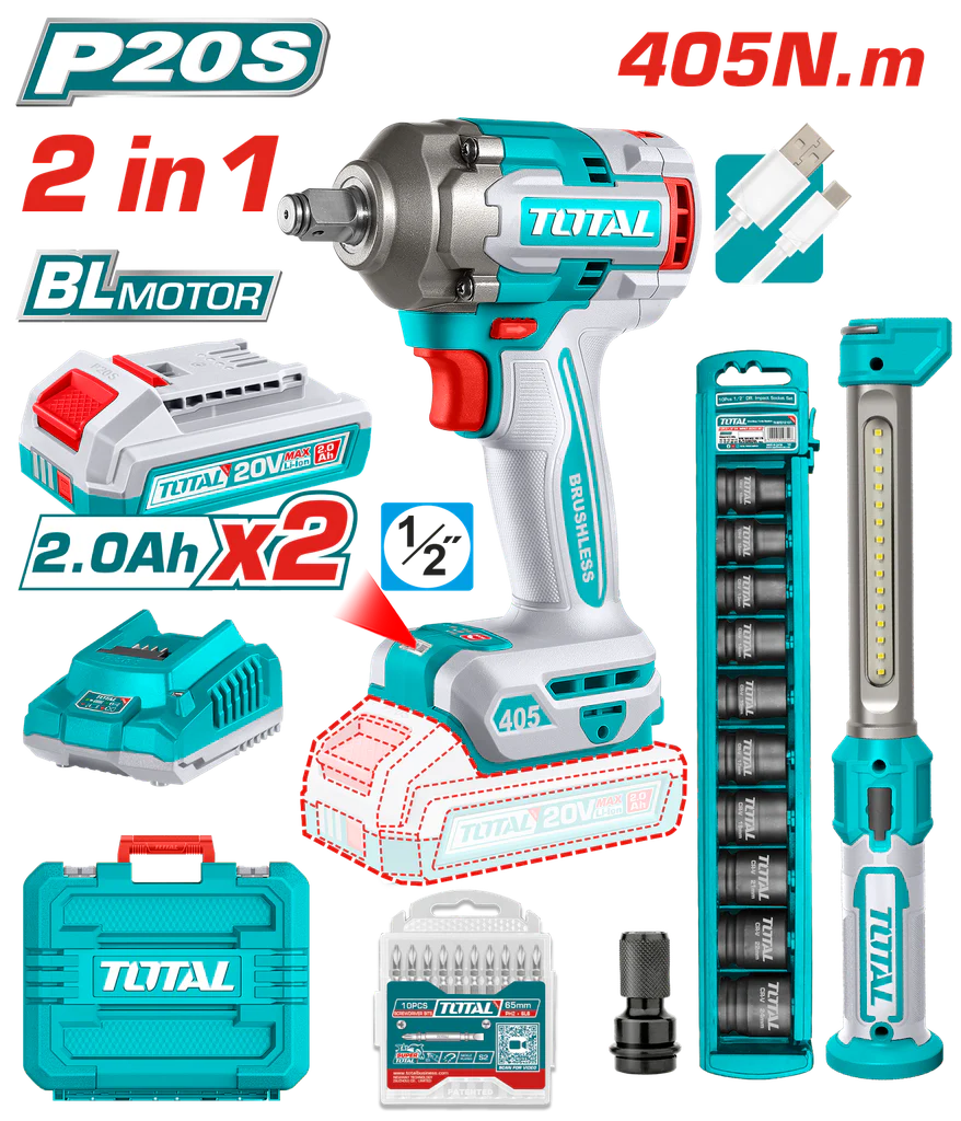 Combo Pistola de Impacto 1/2 405NM  20V + Lámpara de Trabajo 300 Lúmenes Recargable