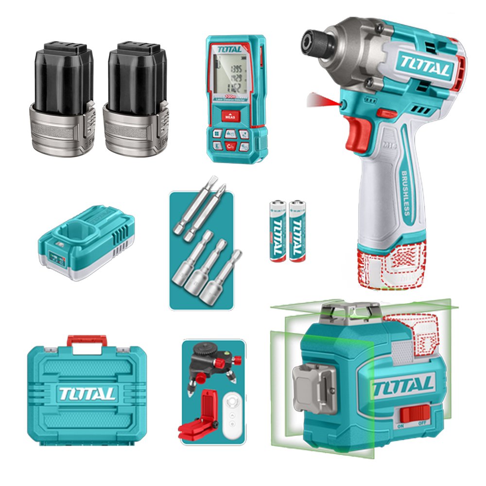 Combo Inalámbrico 16V Atornillador de Impacto 1/4 + Metro Láser 100M + Nivel Láser 35M Luz Verde Super Total