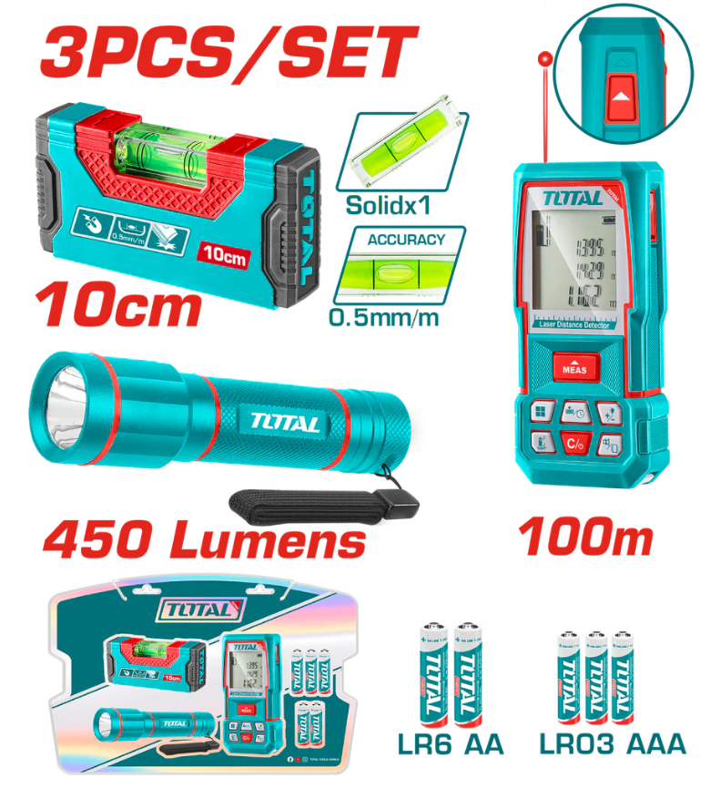 Medidor de distancia laser 100MTS + nivel 10cm imantado + linterna 450 lumenes super Total