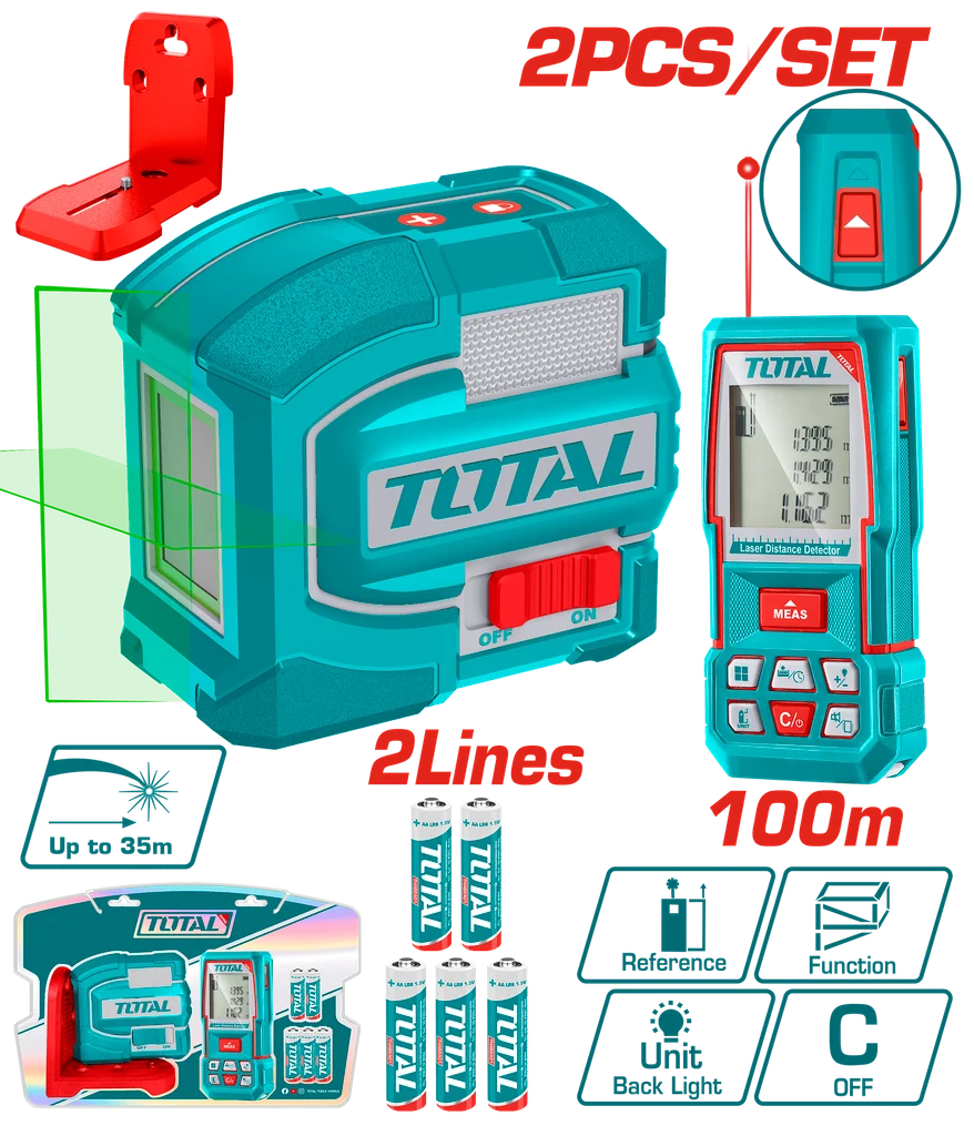Kit nivel laser 0-35M luz verde 2 lineas + medidor de distancia 100M Total