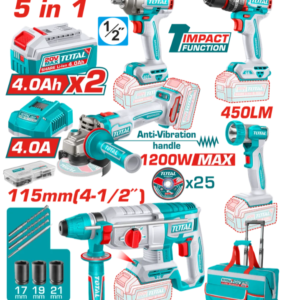 Combo 20V Taladro Rotomartillo + pistola de impacto 1/2  + taladro de impacto 1/2 + pulidora 4 1/2 + linterna inalámbrica + 2 baterías 4AH + Cargador