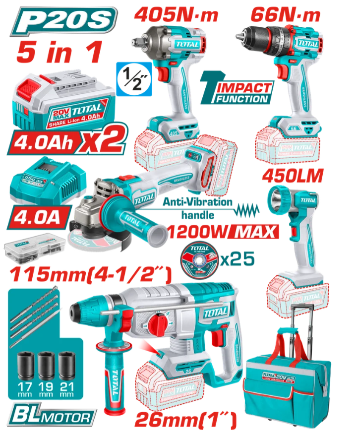 Combo 20V Taladro Rotomartillo + pistola de impacto 1/2  + taladro de impacto 1/2 + pulidora 4 1/2 + linterna inalámbrica + 2 baterías 4AH + Cargador
